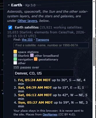 The Earth section: the satellites switch with its colour key, the satellite search, and four ISS passes listed for Denver with times, heights and directions.