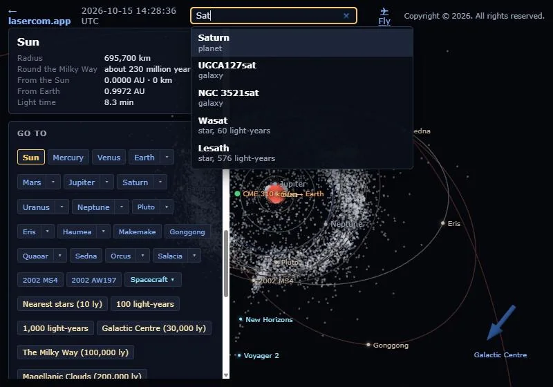 Typing “Sat” in the Find box lists Saturn, two galaxies and two stars.