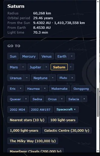 The panel showing Saturn’s details (radius, orbital period, distance from the Sun and from Earth, light time) above the Go to buttons.
