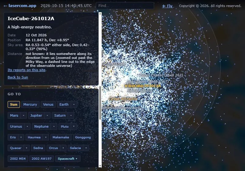 A high-energy neutrino detected by IceCube, labelled among the galaxies, with its details: date, position, the size of its sky area and why its distance is unknown.